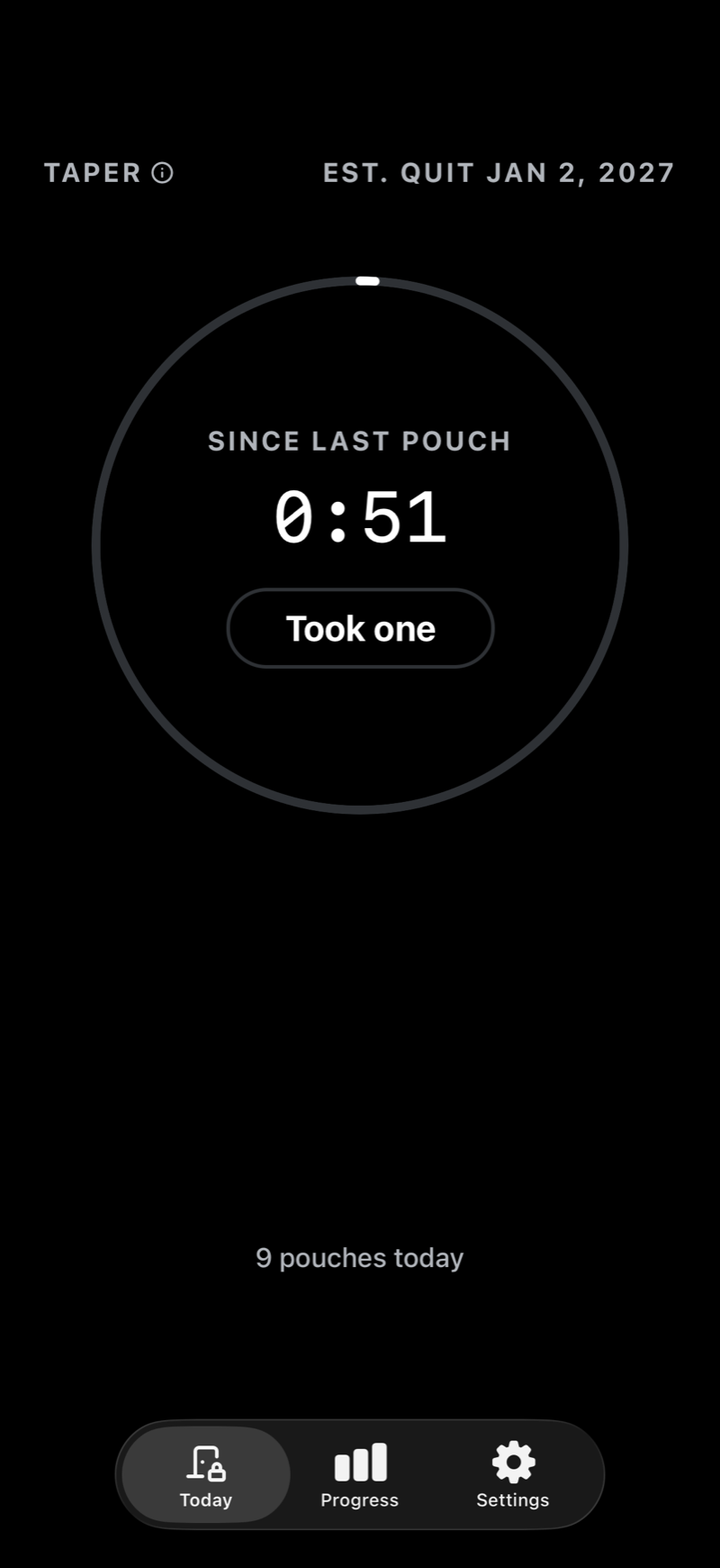 The Today screen with the gate locked: the timer counts up since the last pouch and the Took one button is dimmed