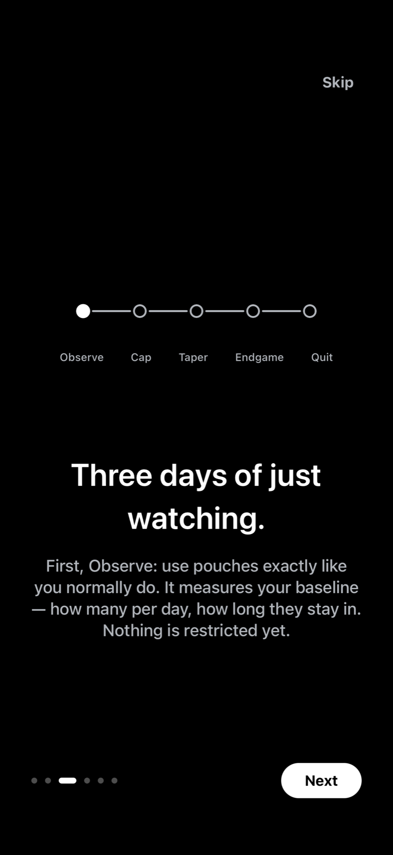 Unpouch onboarding screen explaining the Observe phase